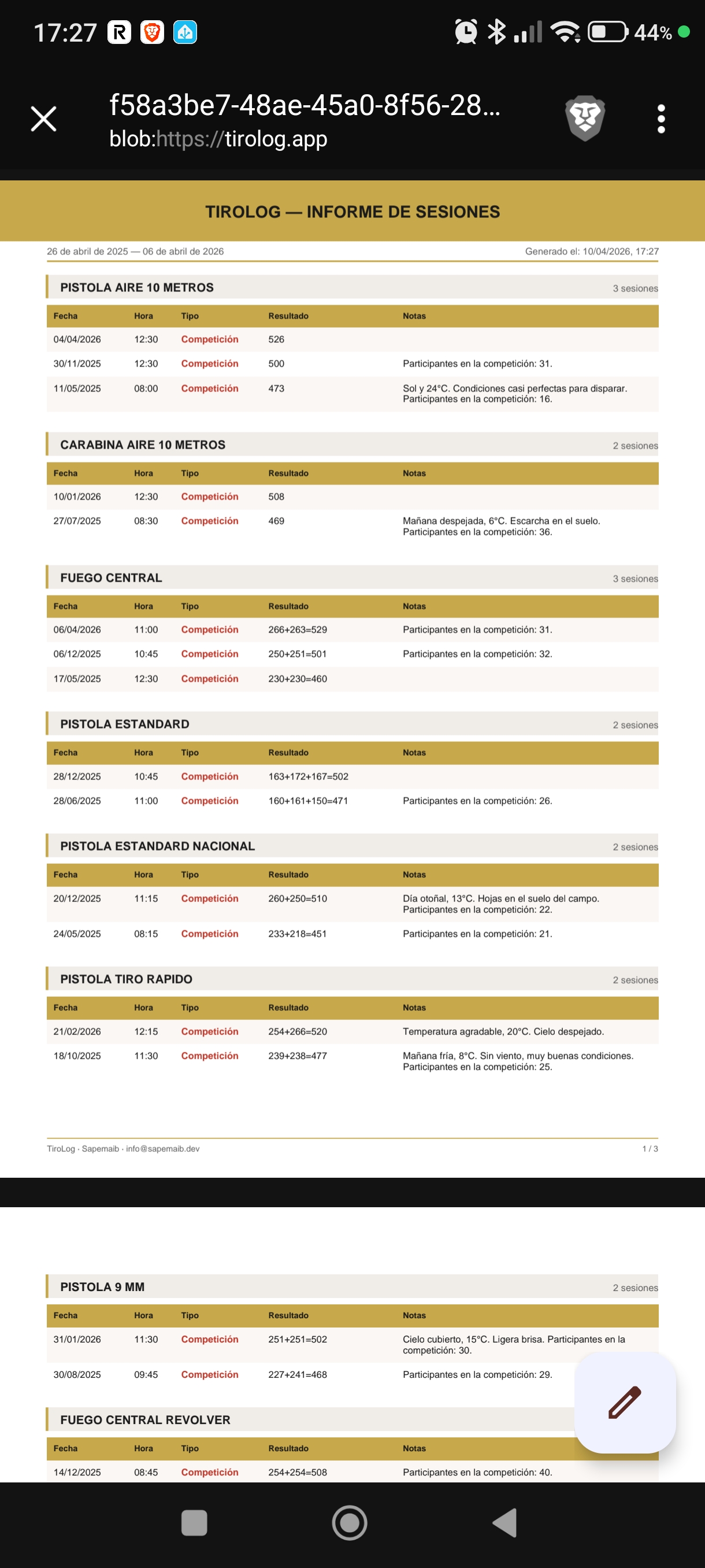 TiroLog — Informe PDF