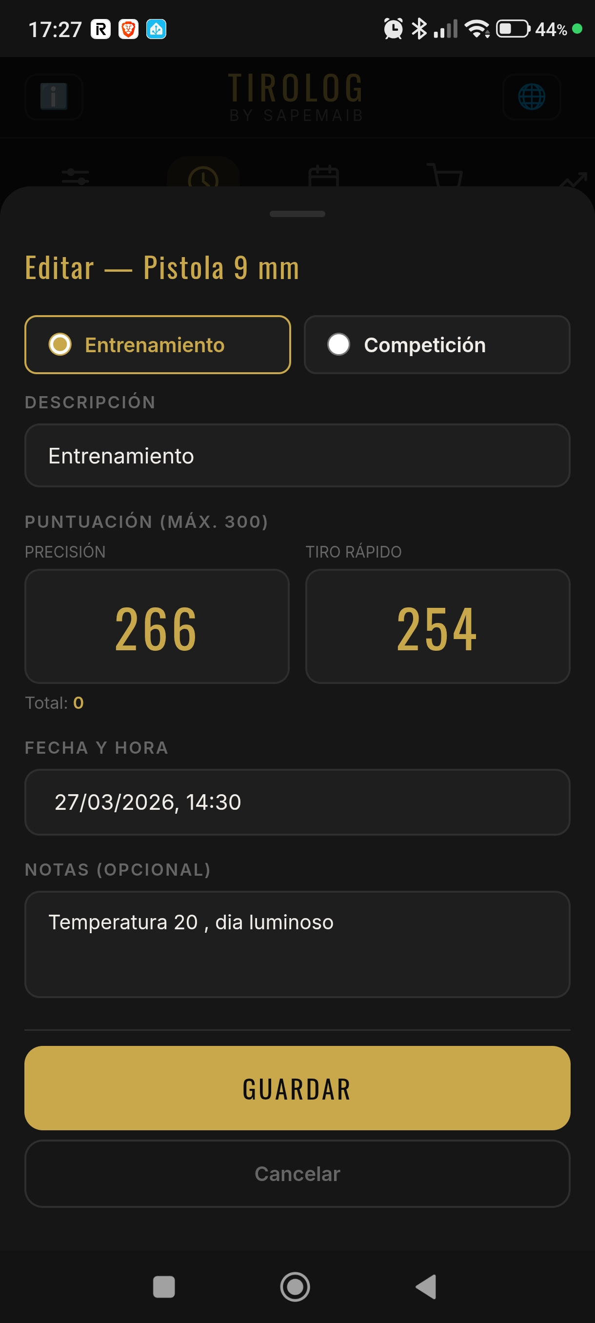 TiroLog — Nueva sesión